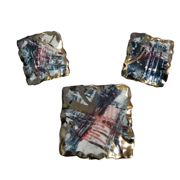 Fiona Jewelry - Vintage Fiona Abstract Art Porcelain Brooche and Earrings Set